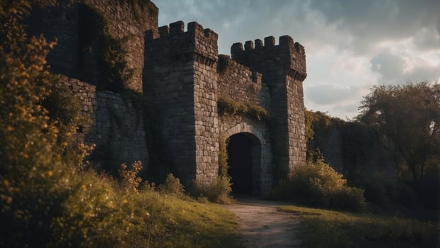 Overgrown Stone Castle with Dark Entrance. photo