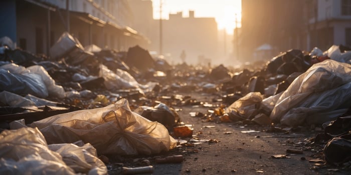 decay of urban landscape amid overflowing trash dump covered in thick white fog emphasizing neglect in cinematic tone with warm golden hour lighting. photo