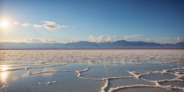 Expansive view of serene salt flats under blue sky ideal for travel and nature themes. photo