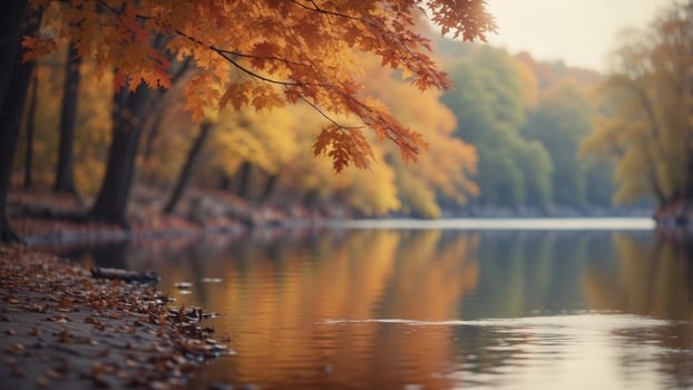 serene autumn landscape with colorful leaves and a peaceful river. photo