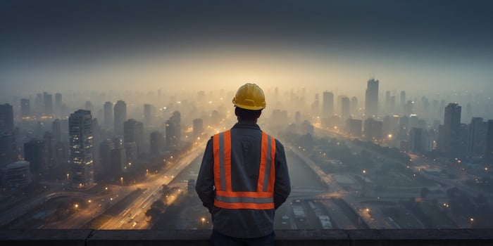 Construction Worker Looking Out Over a Foggy Cityscape. photo