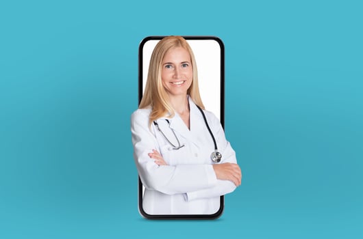 A woman wearing a white doctor coat is standing on the screen of a phone, appearing larger than life. Her presence on the device is surreal and unexpected, creating a striking visual contrast. photo