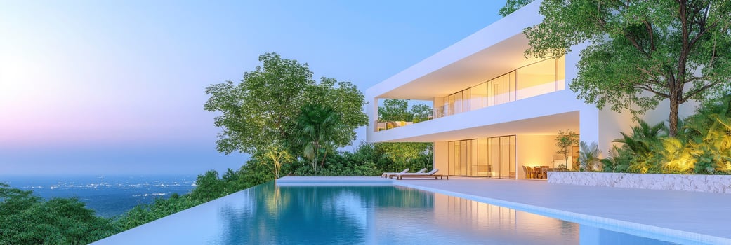 Evening simulation of a contemporary cube home with a garden and swimming pool photo