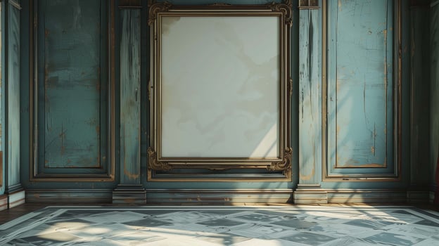 Old painting mockup on ancient mansion wall. Art poster template in empty shady room advertising image. Vintage artwork mock up hanging in decayed hall product photorealistic photo