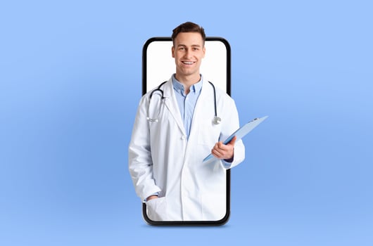 A young guy medical professional is shown on a telemedicine app within a smartphone, positioned in a professional yet approachable setting photo