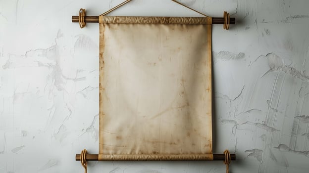 Old parchment asian banner mockup hanging on wall. Asian home interior with paper picture template advertising image. Decorative oriental picture mock up product photorealistic photo