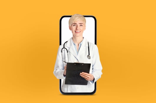 Mature woman doctor provides digital health services, seen inside the blank screen of a smartphone, set against a simple, medical background. photo