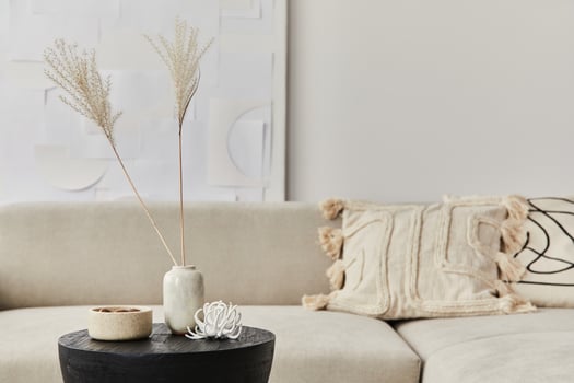 Stylish composition at fancy interior with wooden black coffee table, dried flowers, pillow, blanket in modern home decor. Details. Template. photo