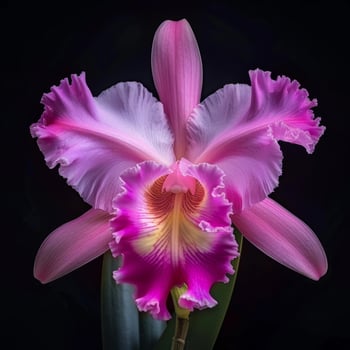 A pink orchid with yellow and white petals photo