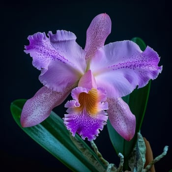 A purple orchid with white and yellow petals photo