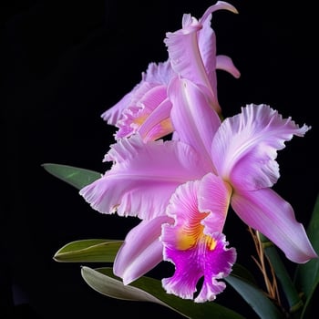 A pink orchid is shown in front of a black background photo