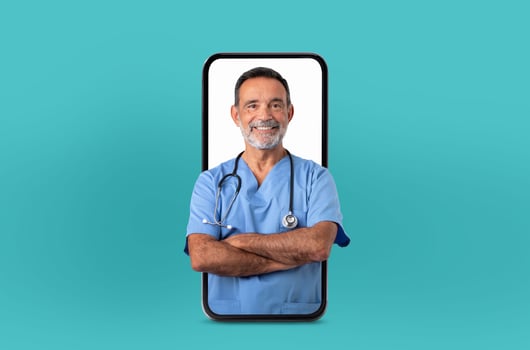 A senior man physician is depicted inside a smartphone screen, providing virtual healthcare services from a bright medical office photo