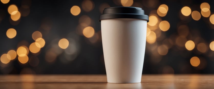 White Coffee Cup with Black Lid and Brown Sleeve. photo