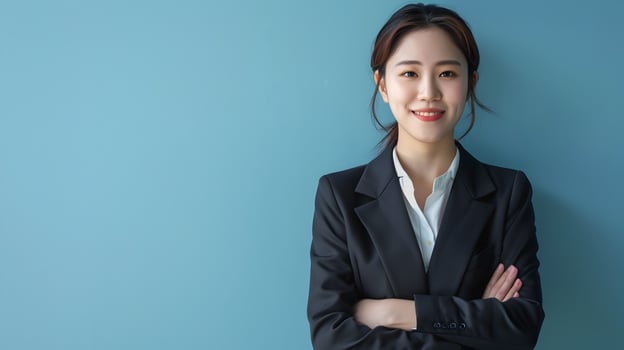Smiling Hallyu Businesswoman in Suit Posing Confidently Against Blue Background photo