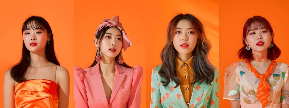 Captivating Hallyu Girls in Chic Neo Pop Fashion with Vibrant Orange Backdrop photo