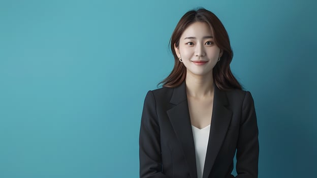 Confident Hallyu Businesswoman in Modern Suit Posing Against Blue Background photo