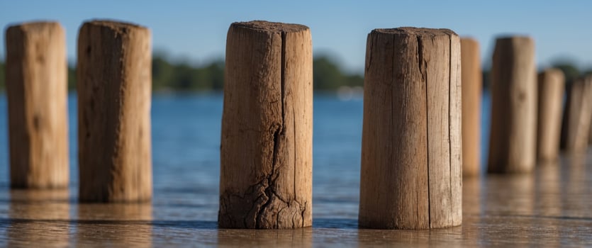 A row of wooden posts with a blue sky in the background. photo