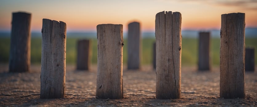 A row of wooden posts with a blue sky in the background. photo