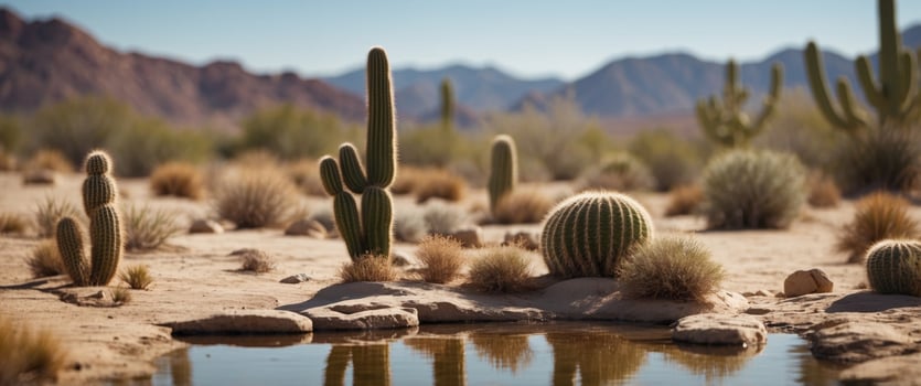 A desert scene with a river and two cacti. photo