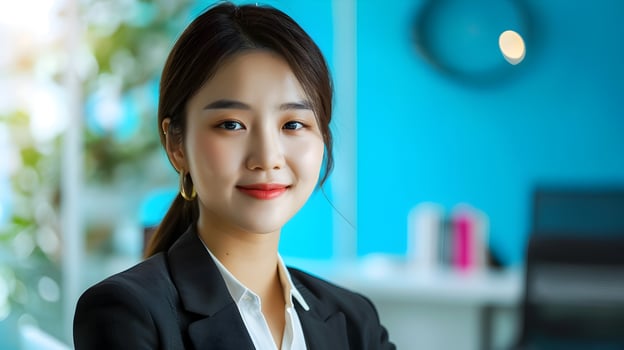 Confident Young Asian Businesswoman Smiling at in Modern Office Setting photo
