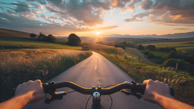 Cyclist Enjoys Scenic Countryside Road at Picturesque Sunset photo