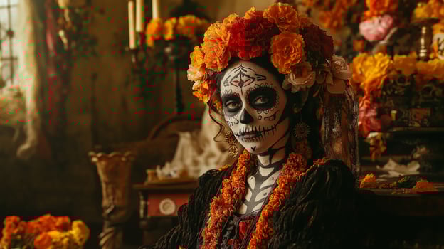 El Dia de Muertos themed photo of woman in costume with red and orange flowers and skeleton mask on carnival, Day of the Dead female photography