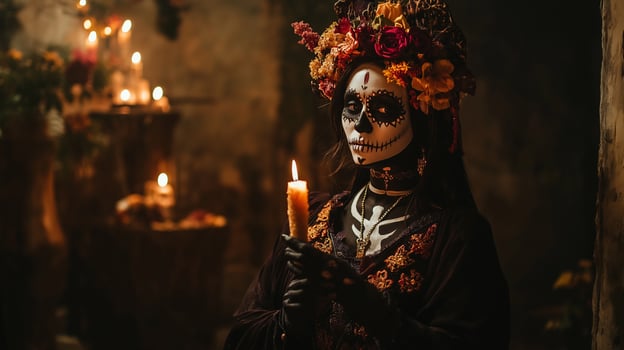 El Dia de Muertos themed photo of woman in costume with red and orange flowers and skeleton mask on carnival, Day of the Dead female photography
