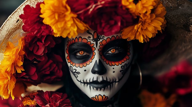 El Dia de Muertos themed photo of woman in costume with red and orange flowers and skeleton mask on carnival, Day of the Dead female photography