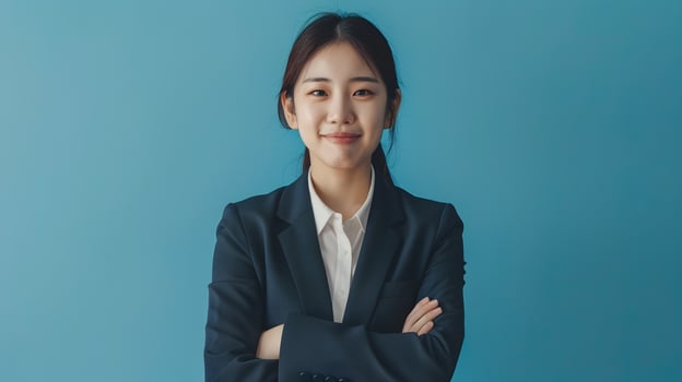 Successful Hallyu Businesswoman in Suit Confidently Posing on Blue Background photo