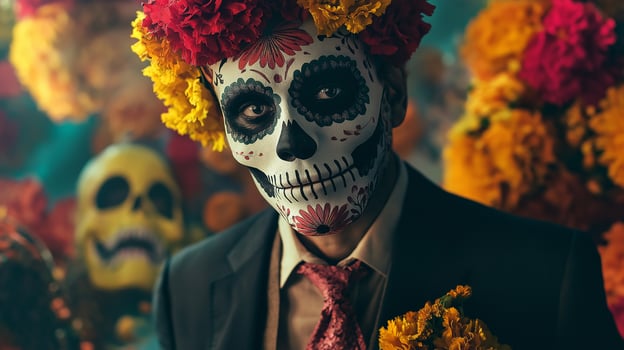 El Dia de Muertos themed photo of man in costume with red and orange flowers and skeleton mask on carnival, Day of the Dead male photography