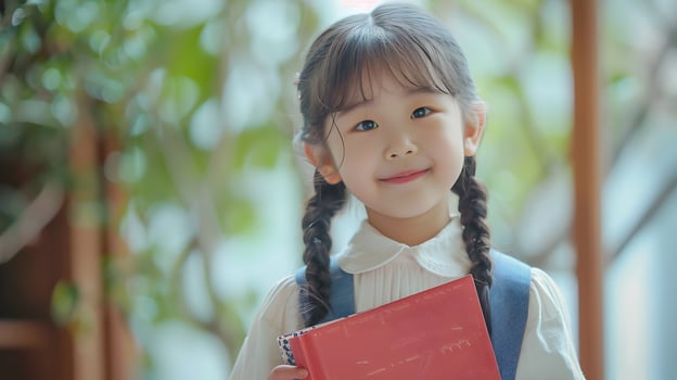 Adorable Young Korean Girl Holding Book with Positive Smile in Nature Background photo