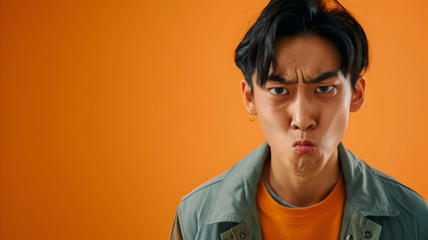 Angry Asian Male Model in Stylish Modern Costume on Vibrant Orange Background photo