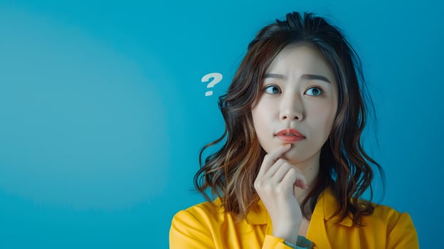 Asian Businesswoman in Modern Costume Thinking with Question Mark on Blue Background photo