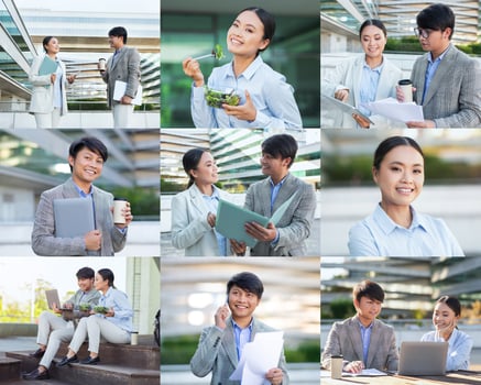A group of professional colleagues interacts in a modern urban location during daylight. They share moments while enjoying coffee, discussing documents, and having a healthy meal. photo
