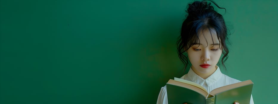 Asian Woman in Modern Costume Reading Book Against Green Background photo