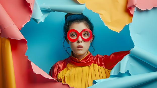 Brave Korean Woman Superhero Bursts Through Vibrant Paper Wall photo