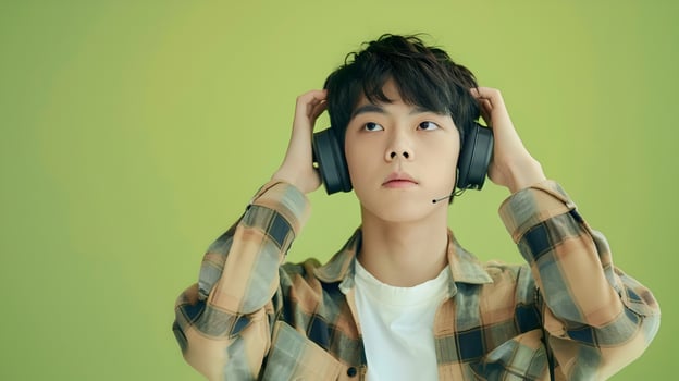 Captivating Asian Youth Listening to Music with Headphones on Green Background photo