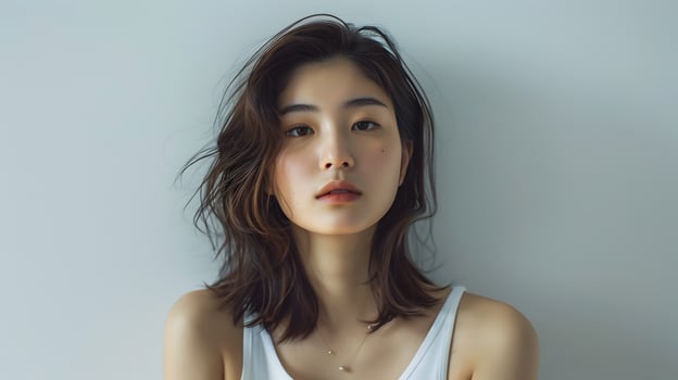 Captivating Asian Woman in Neo Pop Style Portrait on White Background photo