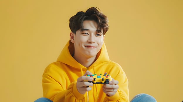 Cheerful Asian Gamer Embracing Gaming Culture in Stylish Costume on Vibrant Yellow Background photo
