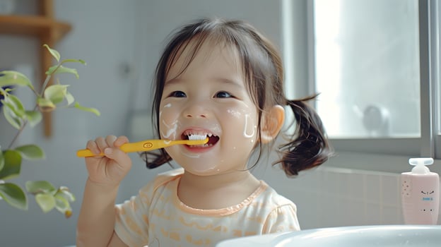 Cheerful Korean Girl Brushing Teeth in Bright Bathroom photo