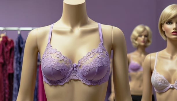 Close-up of lacy purple bra on mannequin in fashion store showroom. Lingerie. photo
