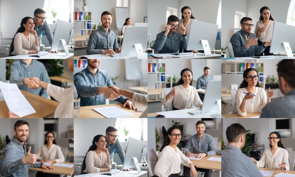 A group of professionals participates in a series of discussions and collaborative activities within a modern office environment. They engage in conversations, share documents photo