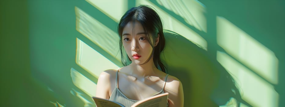 Elegant Asian Woman Reading Book Under Emerald Lighting photo