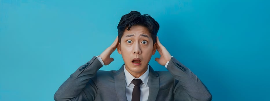 Exhausted Asian Hallyu Businessman Feeling Stressed in Corporate Portrait photo