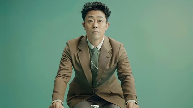 Fashionable Asian Businessman Riding Bicycle in Contemporary Neo Pop Setting photo