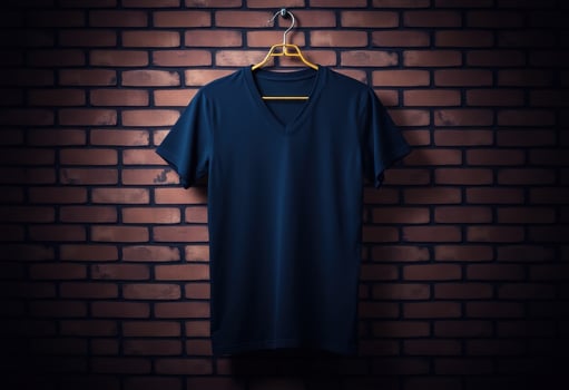 Dark Blue V-Neck T-Shirt Hanging on a Wooden Hanger Against a Brick Wall photo