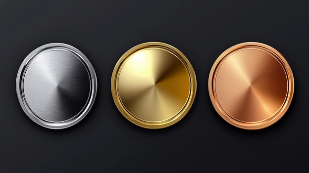 Three metallic circular buttons in silver, gold, and copper colors arranged on a dark background, showcasing their polished finishes and unique tones photo