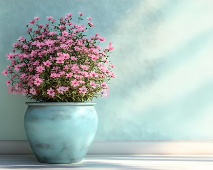 Cute blue potted plant and pink flowers on a white wooden floor in front of light yellow wall. There is plenty of space on the wall for writing text. Perfect for use as a background. Pastel tone. photo