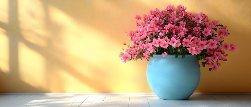 Cute blue potted plant and pink flowers on a white wooden floor in front of light yellow wall. There is plenty of space on the wall for writing text. Perfect for use as a background. Pastel tone. photo
