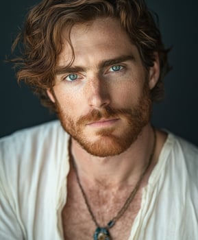 Portrait of a man with curly hair and blue eyes wearing a simple shirt photo